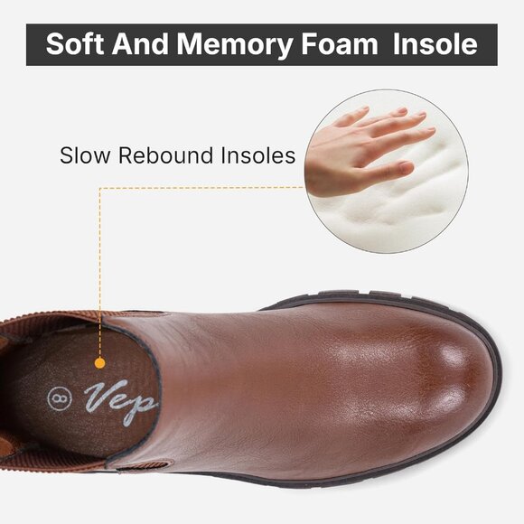 Vepose Women's Mocha Faux Chelsea Leather Lug Sole Elastic Slip on Ankle Booties - Picture 4 of 9